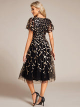 ever SIMONE|Short Sleeves Leaf Sequin A-Line Midi Formal Wedding Guest Dress