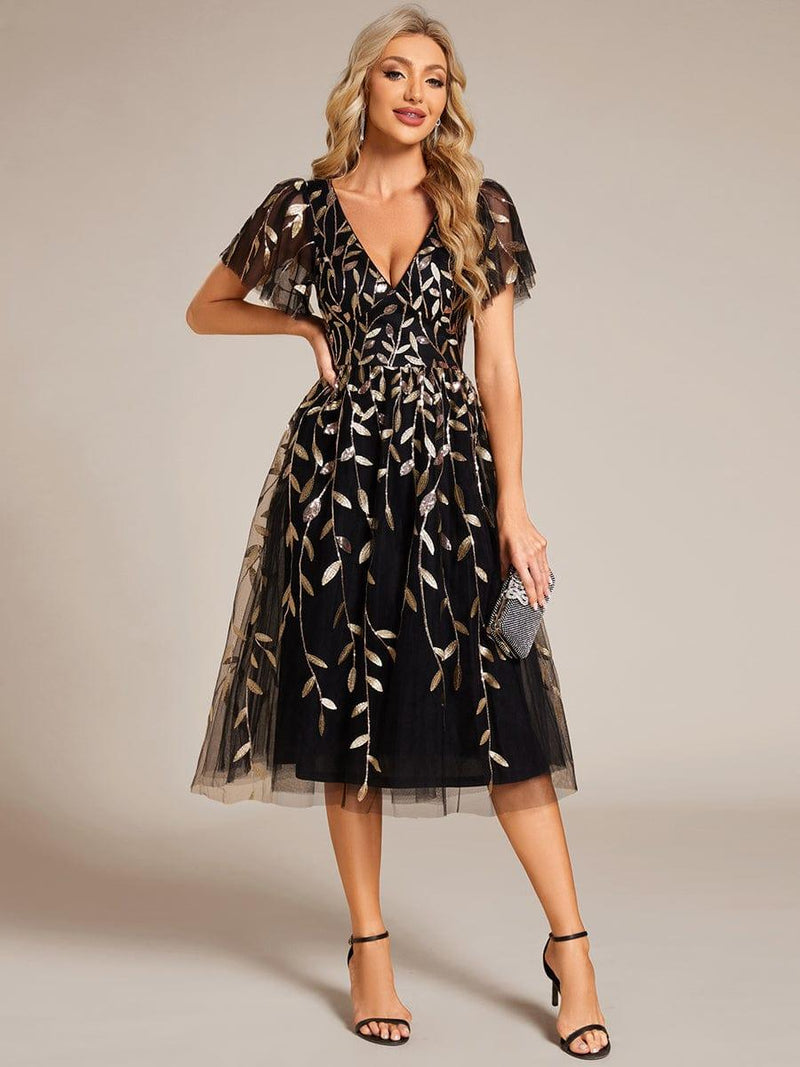 ever SIMONE|Short Sleeves Leaf Sequin A-Line Midi Formal Wedding Guest Dress