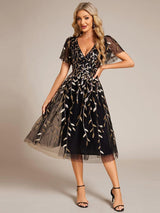 ever SIMONE|Short Sleeves Leaf Sequin A-Line Midi Formal Wedding Guest Dress