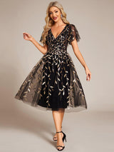 ever SIMONE|Short Sleeves Leaf Sequin A-Line Midi Formal Wedding Guest Dress