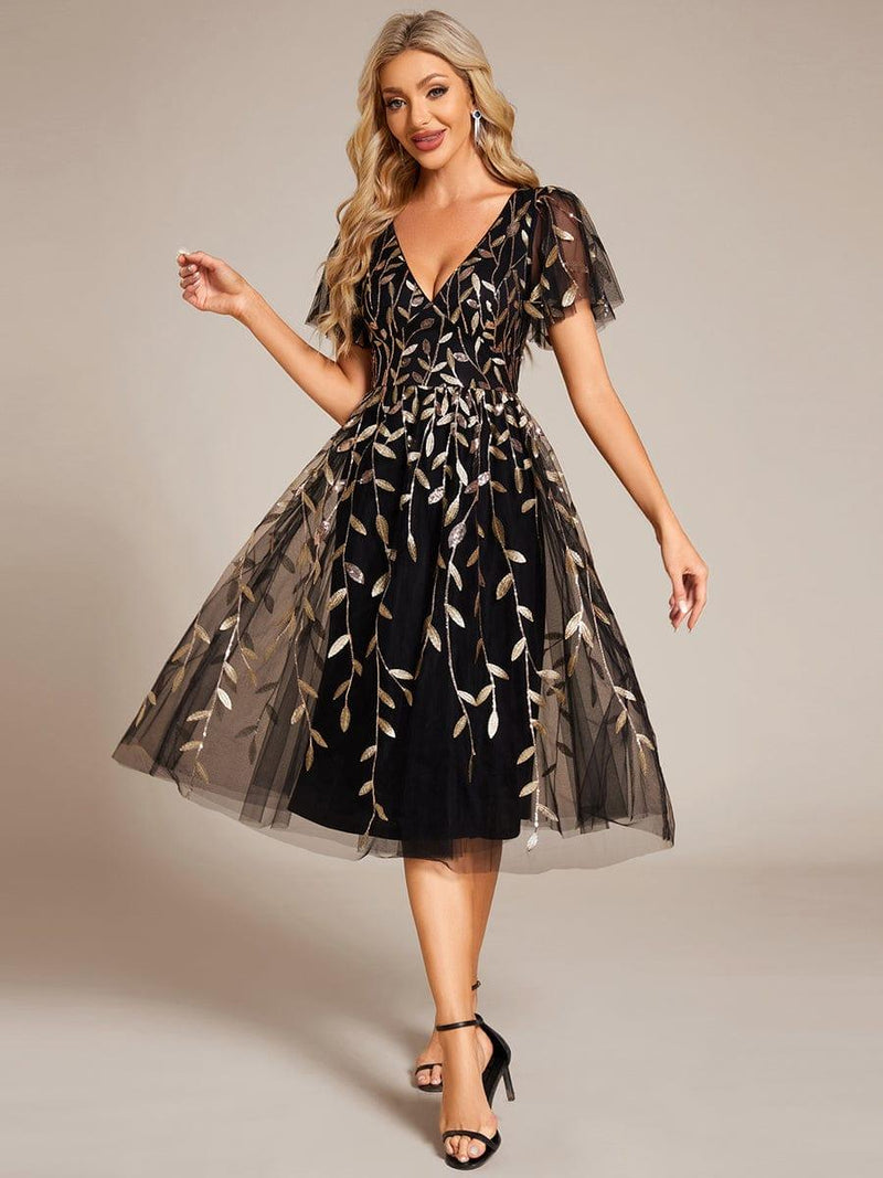 ever SIMONE|Short Sleeves Leaf Sequin A-Line Midi Formal Wedding Guest Dress
