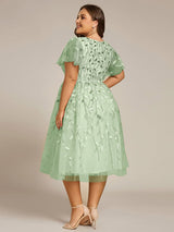 ever SIMONE|Short Sleeves Leaf Sequin A-Line Midi Formal Wedding Guest Dress
