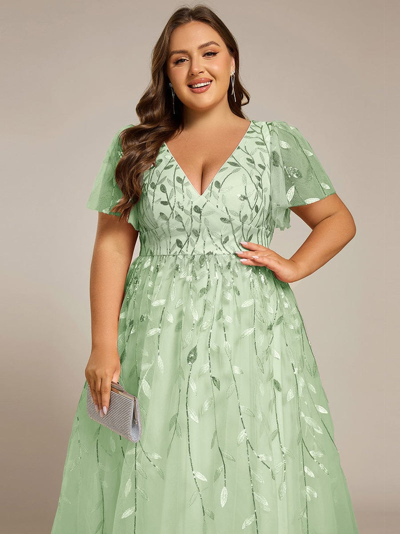 ever SIMONE|Short Sleeves Leaf Sequin A-Line Midi Formal Wedding Guest Dress