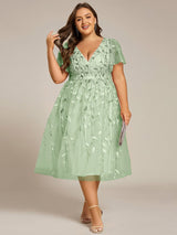 ever SIMONE|Short Sleeves Leaf Sequin A-Line Midi Formal Wedding Guest Dress