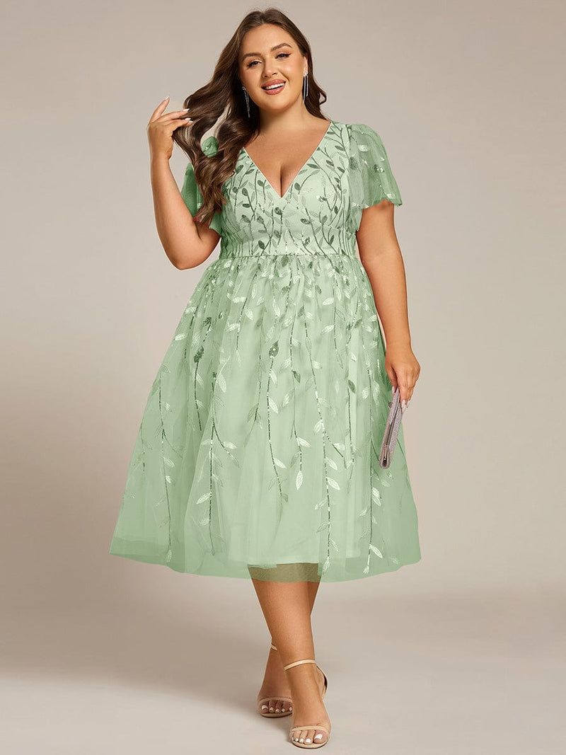 ever SIMONE|Short Sleeves Leaf Sequin A-Line Midi Formal Wedding Guest Dress