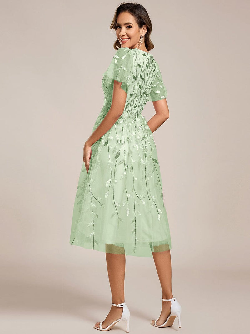 ever SIMONE|Short Sleeves Leaf Sequin A-Line Midi Formal Wedding Guest Dress