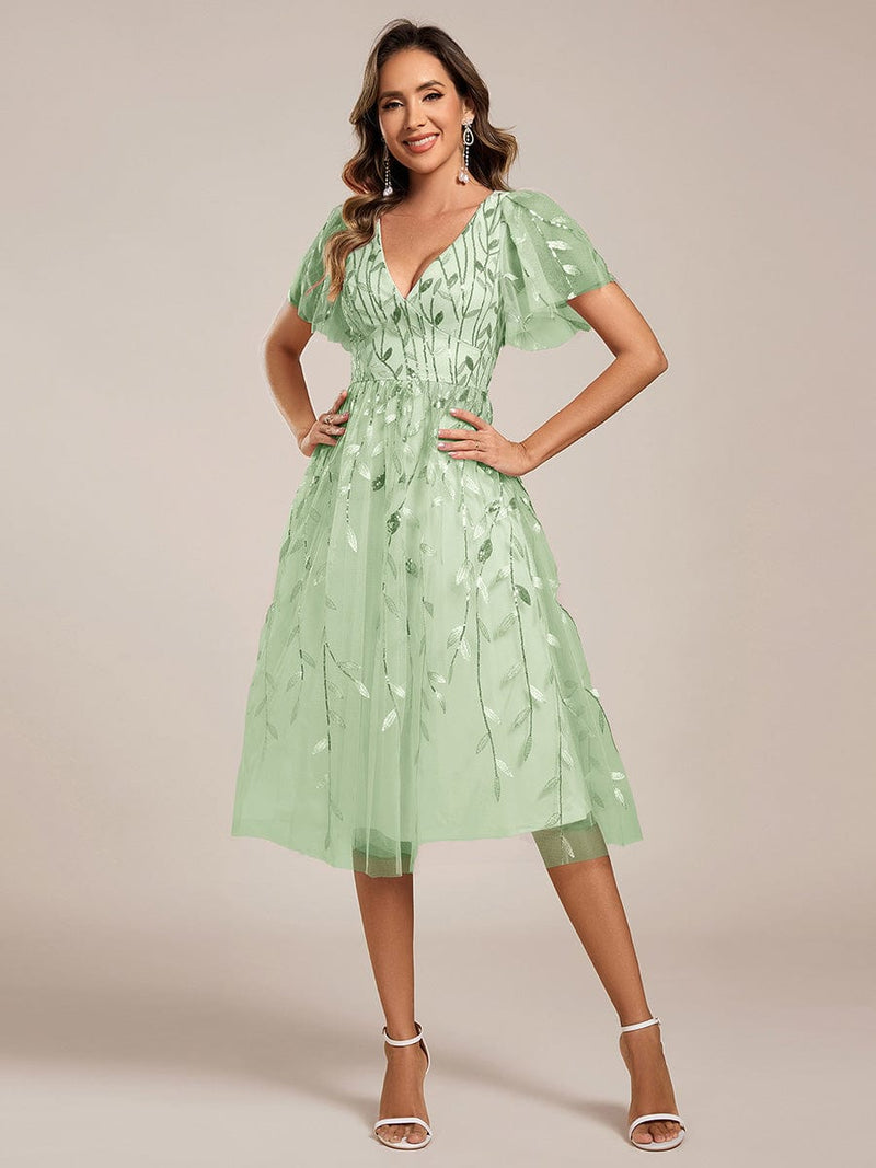 ever SIMONE|Short Sleeves Leaf Sequin A-Line Midi Formal Wedding Guest Dress