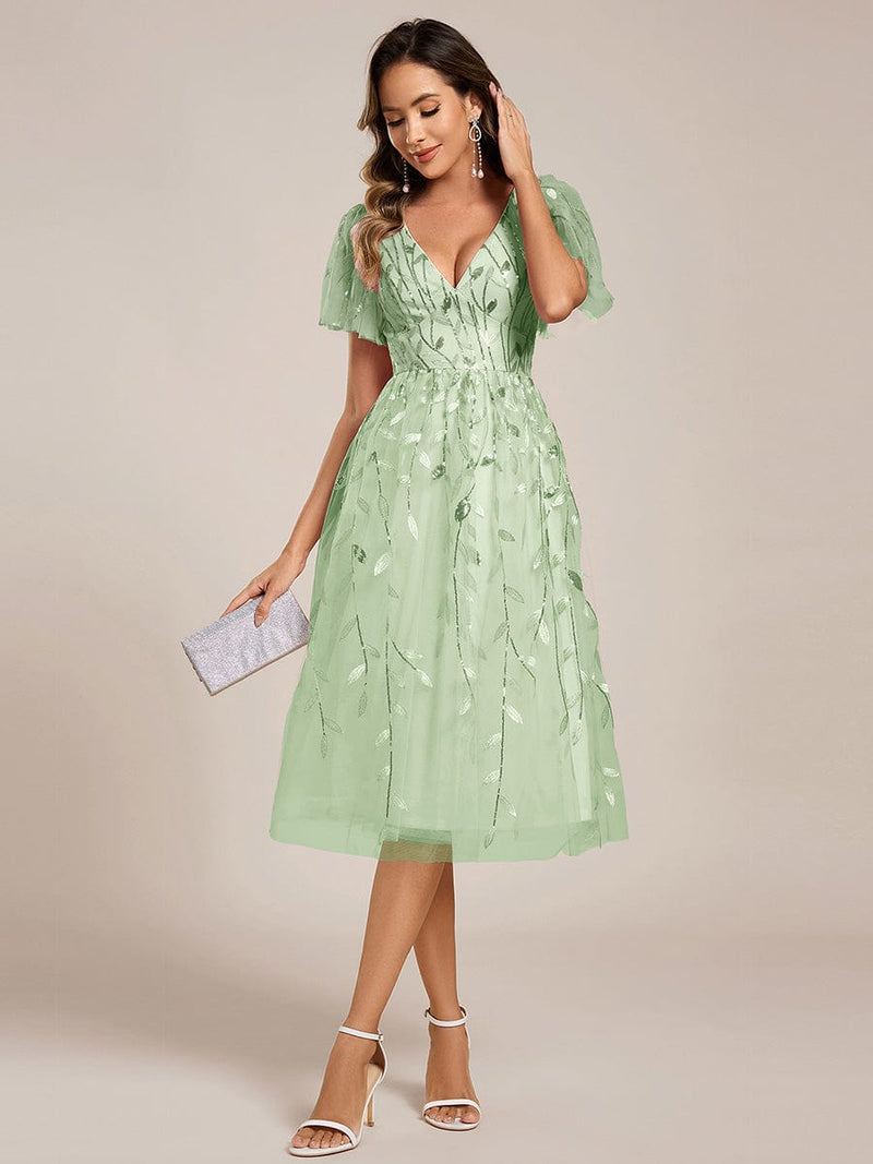 ever SIMONE|Short Sleeves Leaf Sequin A-Line Midi Formal Wedding Guest Dress