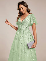 ever SIMONE|Short Sleeves Leaf Sequin A-Line Midi Formal Wedding Guest Dress