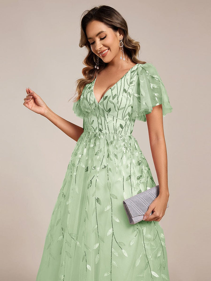 ever SIMONE|Short Sleeves Leaf Sequin A-Line Midi Formal Wedding Guest Dress