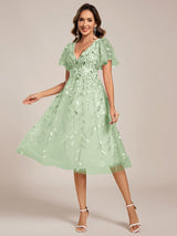 ever SIMONE|Short Sleeves Leaf Sequin A-Line Midi Formal Wedding Guest Dress
