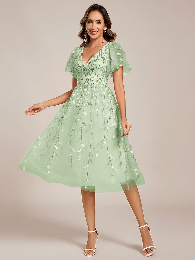 ever SIMONE|Short Sleeves Leaf Sequin A-Line Midi Formal Wedding Guest Dress