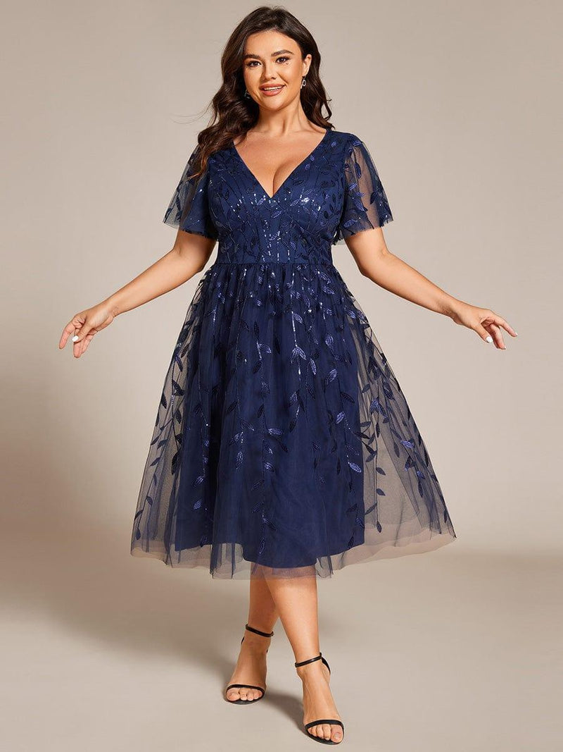 ever SIMONE|Short Sleeves Leaf Sequin A-Line Midi Formal Wedding Guest Dress
