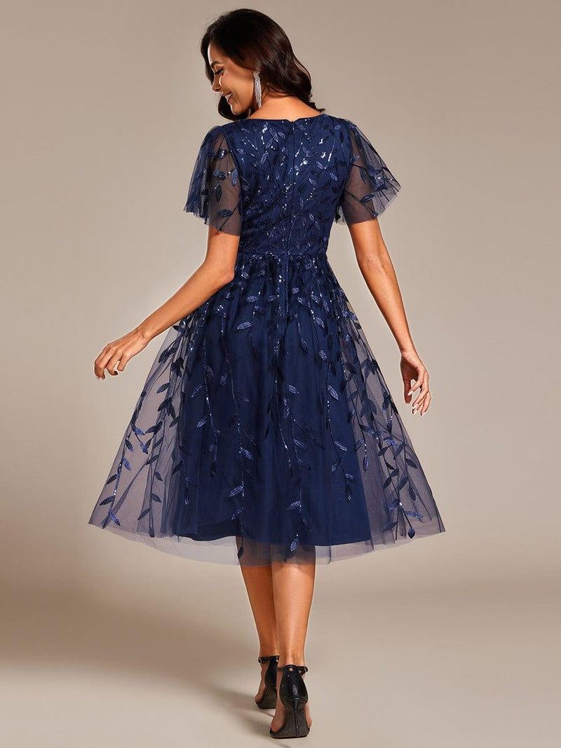 ever SIMONE|Short Sleeves Leaf Sequin A-Line Midi Formal Wedding Guest Dress