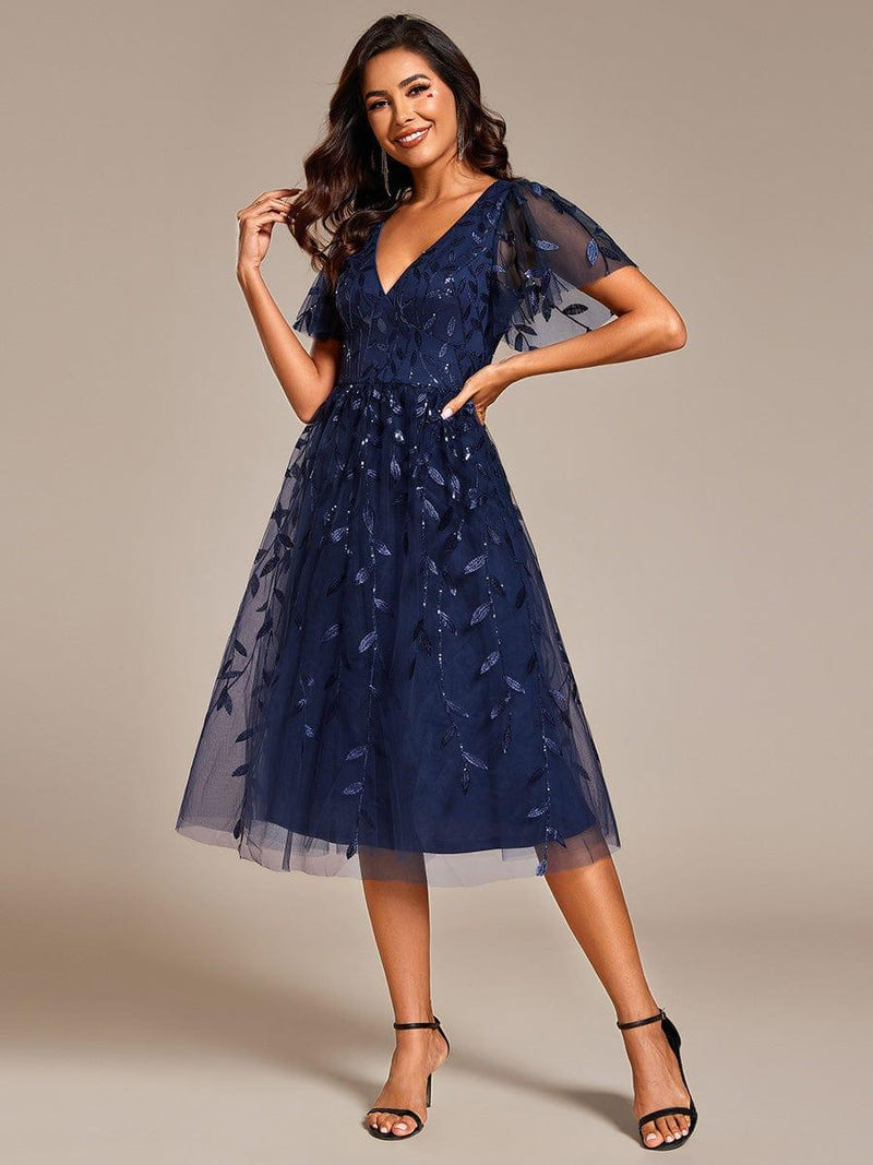 ever SIMONE|Short Sleeves Leaf Sequin A-Line Midi Formal Wedding Guest Dress