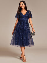 ever SIMONE|Short Sleeves Leaf Sequin A-Line Midi Formal Wedding Guest Dress