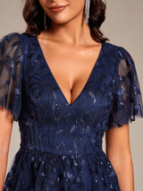 ever SIMONE|Short Sleeves Leaf Sequin A-Line Midi Formal Wedding Guest Dress