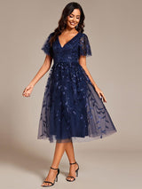 ever SIMONE|Short Sleeves Leaf Sequin A-Line Midi Formal Wedding Guest Dress