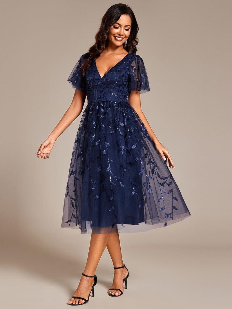 ever SIMONE|Short Sleeves Leaf Sequin A-Line Midi Formal Wedding Guest Dress