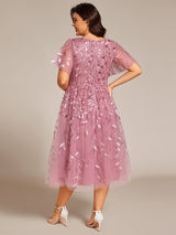ever SIMONE|Short Sleeves Leaf Sequin A-Line Midi Formal Wedding Guest Dress