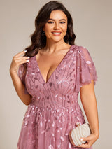 ever SIMONE|Short Sleeves Leaf Sequin A-Line Midi Formal Wedding Guest Dress