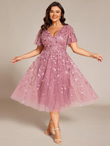 ever SIMONE|Short Sleeves Leaf Sequin A-Line Midi Formal Wedding Guest Dress