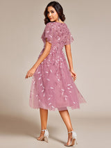 ever SIMONE|Short Sleeves Leaf Sequin A-Line Midi Formal Wedding Guest Dress