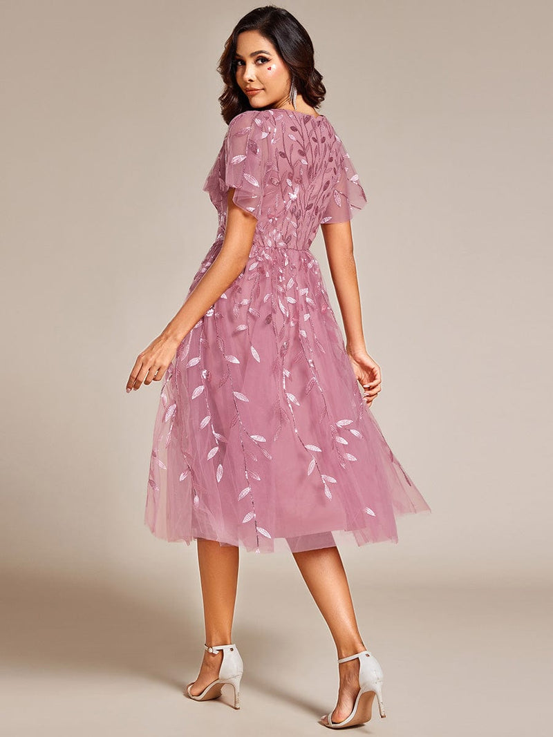 ever SIMONE|Short Sleeves Leaf Sequin A-Line Midi Formal Wedding Guest Dress