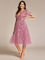 ever SIMONE|Short Sleeves Leaf Sequin A-Line Midi Formal Wedding Guest Dress