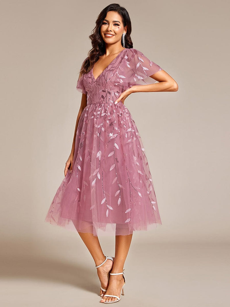 ever SIMONE|Short Sleeves Leaf Sequin A-Line Midi Formal Wedding Guest Dress
