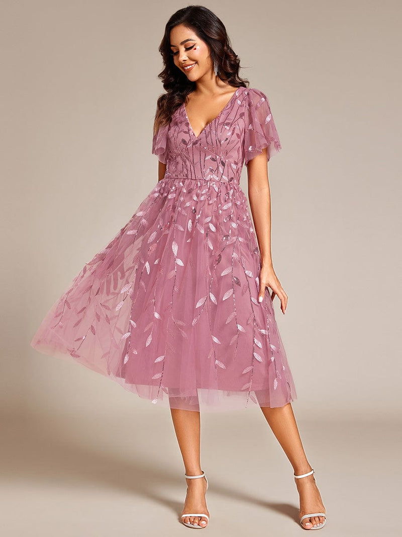 ever SIMONE|Short Sleeves Leaf Sequin A-Line Midi Formal Wedding Guest Dress