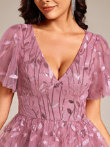ever SIMONE|Short Sleeves Leaf Sequin A-Line Midi Formal Wedding Guest Dress