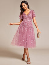 ever SIMONE|Short Sleeves Leaf Sequin A-Line Midi Formal Wedding Guest Dress