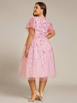 ever SIMONE|Short Sleeves Leaf Sequin A-Line Midi Formal Wedding Guest Dress