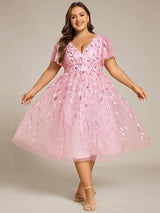 ever SIMONE|Short Sleeves Leaf Sequin A-Line Midi Formal Wedding Guest Dress