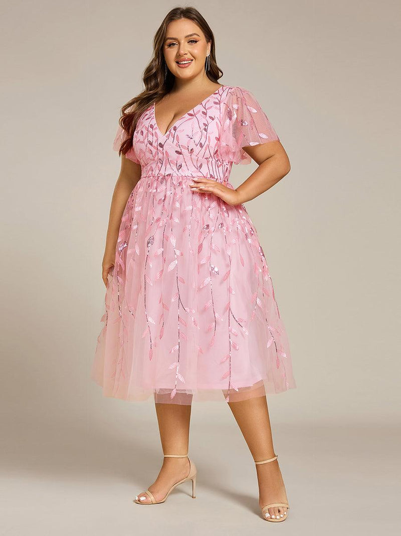 ever SIMONE|Short Sleeves Leaf Sequin A-Line Midi Formal Wedding Guest Dress