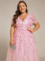 ever SIMONE|Short Sleeves Leaf Sequin A-Line Midi Formal Wedding Guest Dress