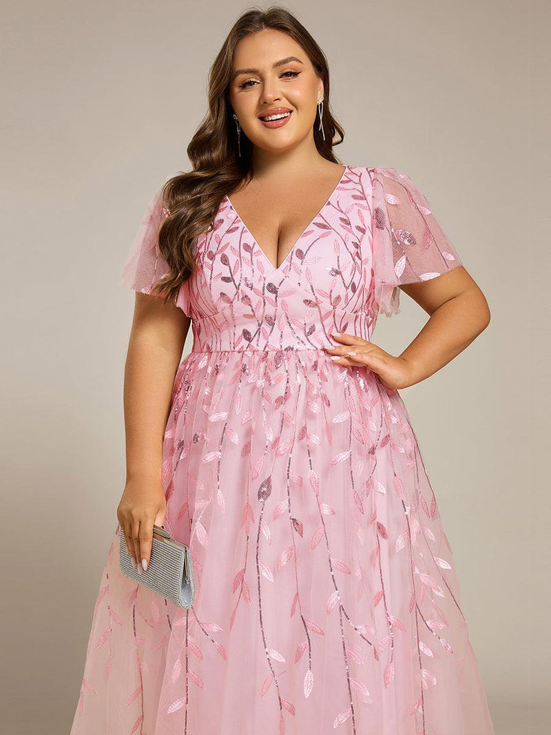 ever SIMONE|Short Sleeves Leaf Sequin A-Line Midi Formal Wedding Guest Dress