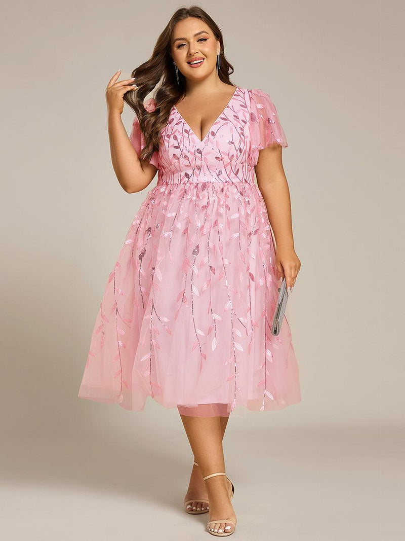 ever SIMONE|Short Sleeves Leaf Sequin A-Line Midi Formal Wedding Guest Dress