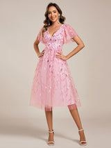 ever SIMONE|Short Sleeves Leaf Sequin A-Line Midi Formal Wedding Guest Dress