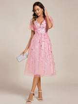 ever SIMONE|Short Sleeves Leaf Sequin A-Line Midi Formal Wedding Guest Dress