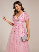 ever SIMONE|Short Sleeves Leaf Sequin A-Line Midi Formal Wedding Guest Dress
