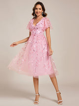ever SIMONE|Short Sleeves Leaf Sequin A-Line Midi Formal Wedding Guest Dress
