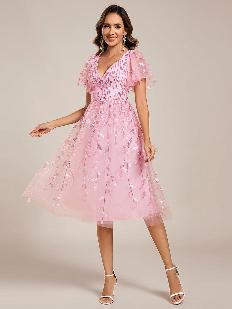 ever SIMONE|Short Sleeves Leaf Sequin A-Line Midi Formal Wedding Guest Dress
