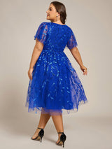 ever SIMONE|Short Sleeves Leaf Sequin A-Line Midi Formal Wedding Guest Dress