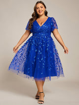 ever SIMONE|Short Sleeves Leaf Sequin A-Line Midi Formal Wedding Guest Dress