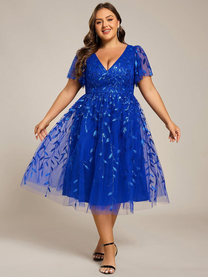 ever SIMONE|Short Sleeves Leaf Sequin A-Line Midi Formal Wedding Guest Dress