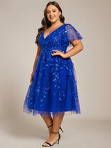ever SIMONE|Short Sleeves Leaf Sequin A-Line Midi Formal Wedding Guest Dress