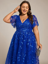 ever SIMONE|Short Sleeves Leaf Sequin A-Line Midi Formal Wedding Guest Dress