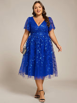 ever SIMONE|Short Sleeves Leaf Sequin A-Line Midi Formal Wedding Guest Dress